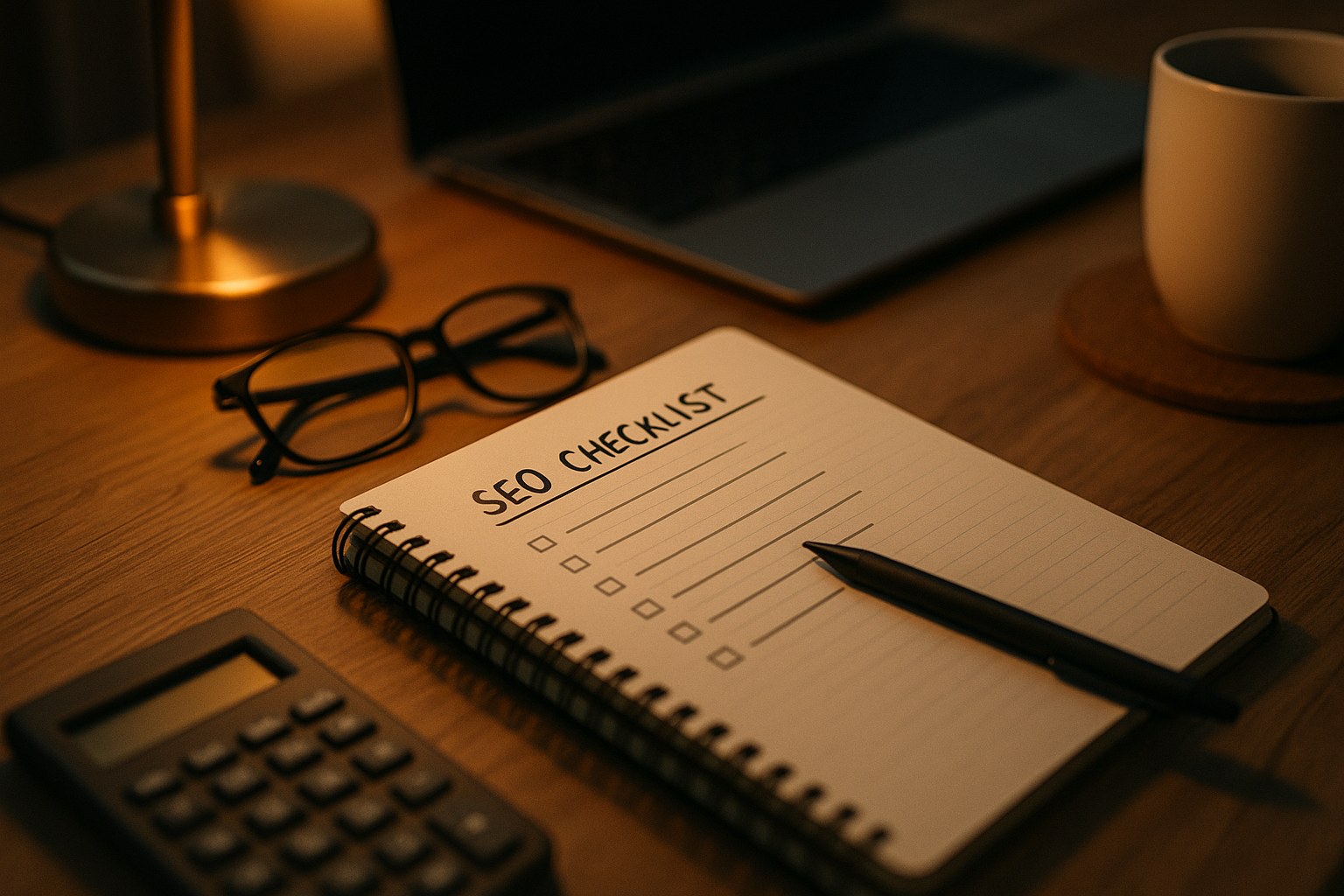 A desk with an open notebook, a magnifying glass, and a cup of coffee next to a potted plant on a wooden surface