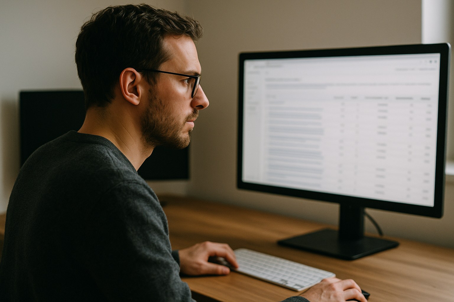 A digital analyst reviewing multiple browser tabs on a large desktop monitor in a modern home office