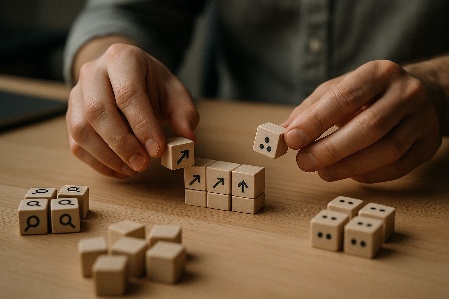 Close-up of hands sorting labeled wooden blocks on a desk