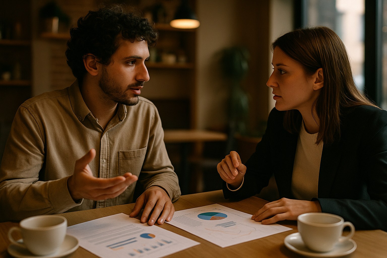 Mid-shot of a casual meeting in a modern café with two people discussing over coffee and paper charts