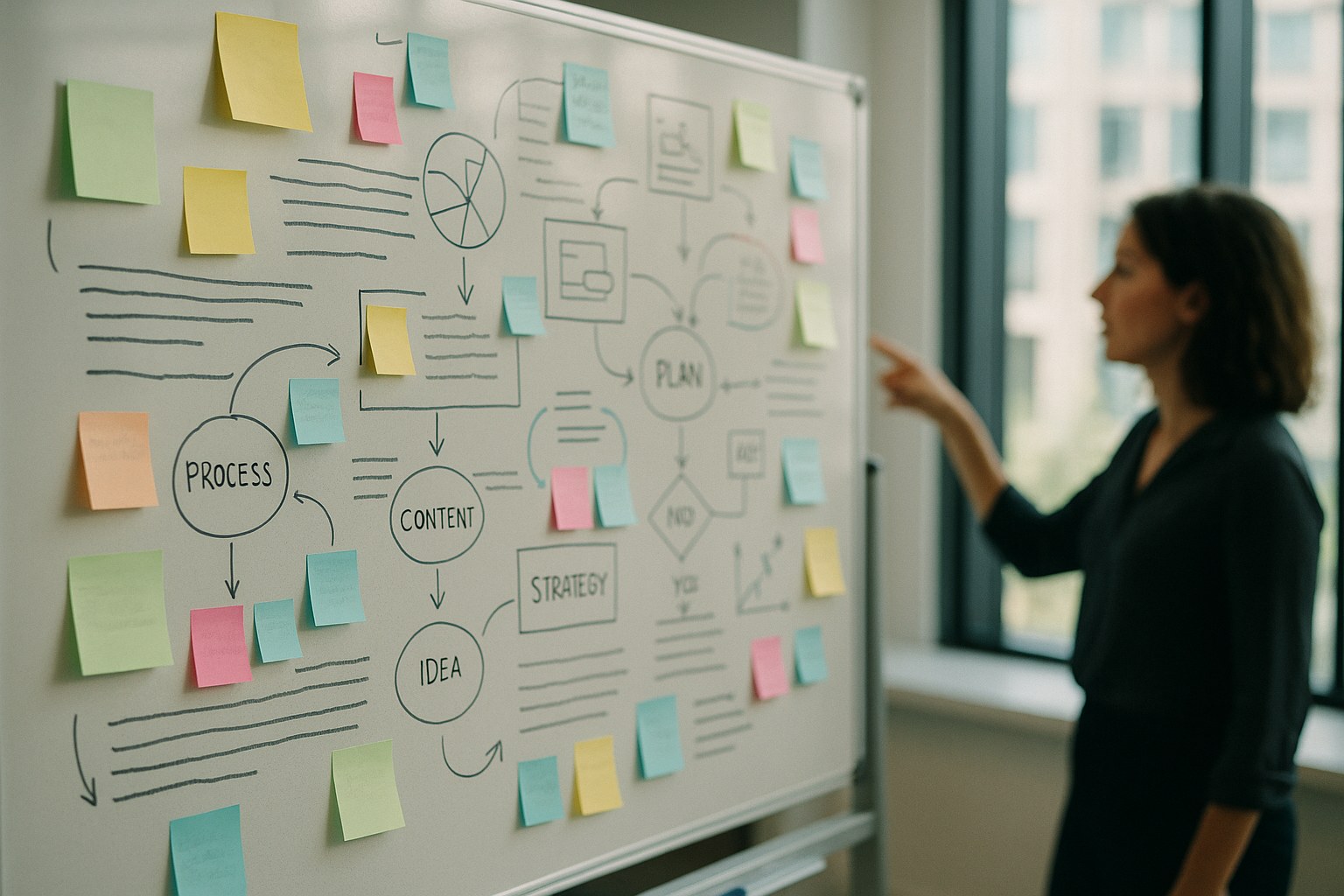 A whiteboard filled with colorful sticky notes and handwritten strategy diagrams in a creative office