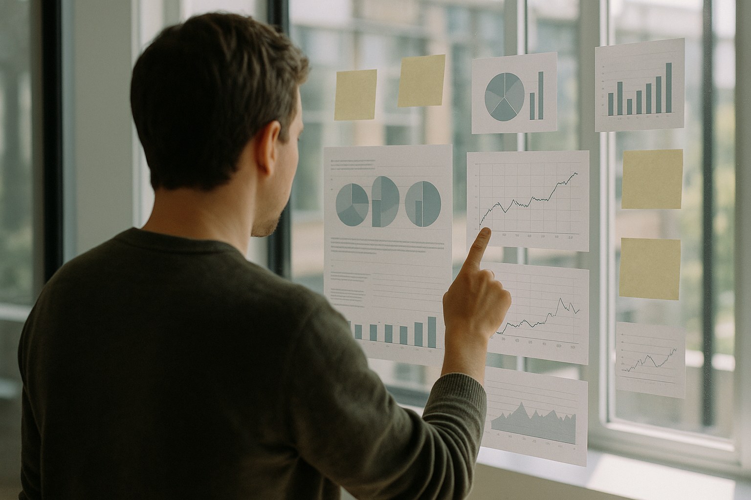 Person analyzing layered transparent charts and graphs on a glass wall in a modern office