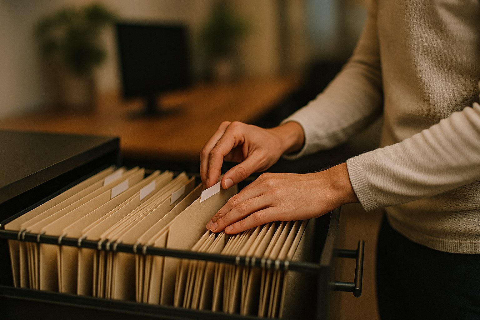 Person organizing a filing cabinet drawer filled with neatly labeled folders in an office