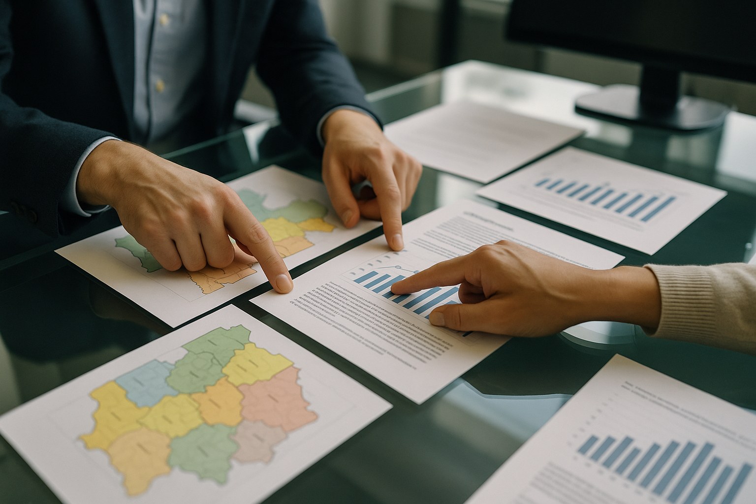 Hands analyzing printed charts and regional maps on a conference table