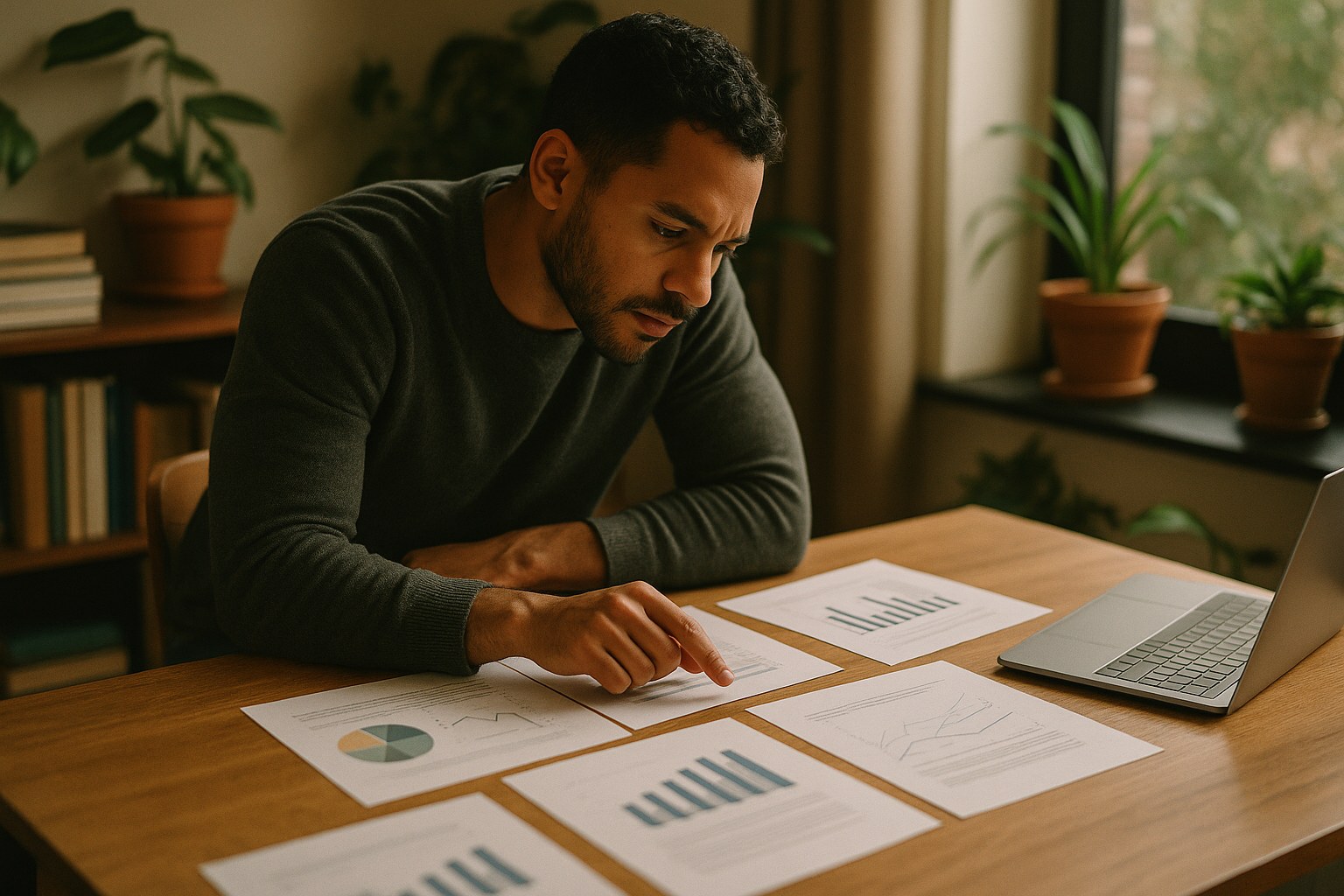 Person reviewing printed charts and graphs spread on a table in a cozy office corner
