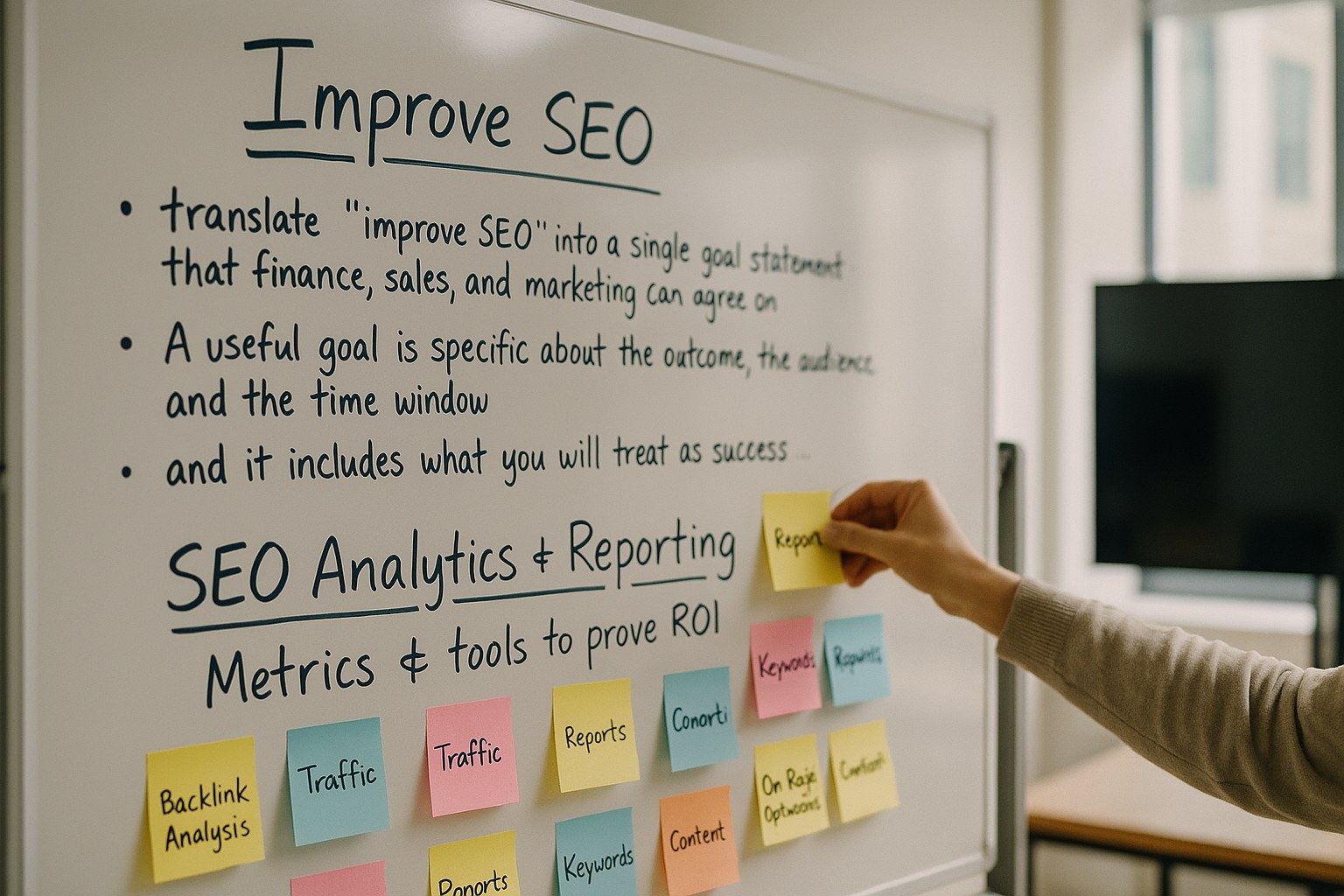 Whiteboard with handwritten strategic SEO goals and color-coded sticky notes in a creative workspace