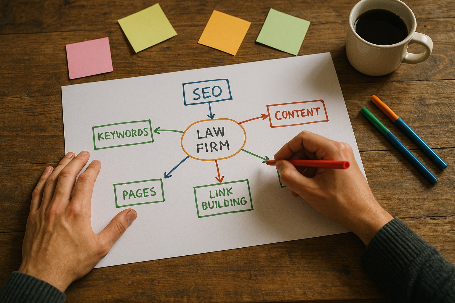 Person’s hands sketching a flowchart on a large sheet of paper with colored markers on a wooden desk