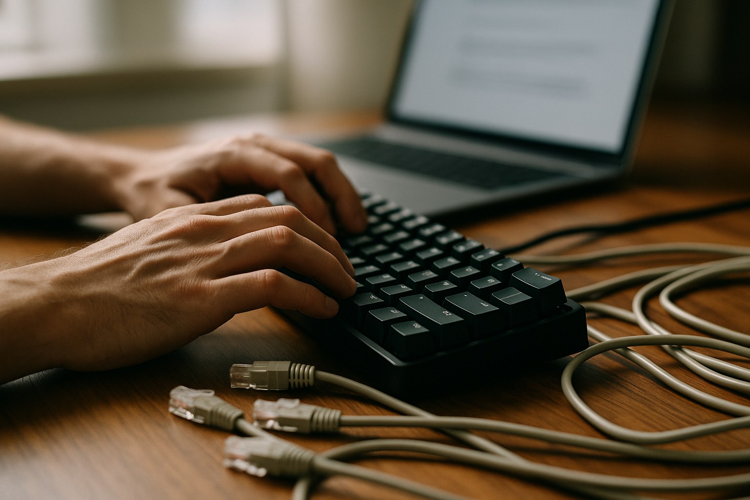 Hands typing on a modern mechanical keyboard with network cables and a blurred laptop in the background