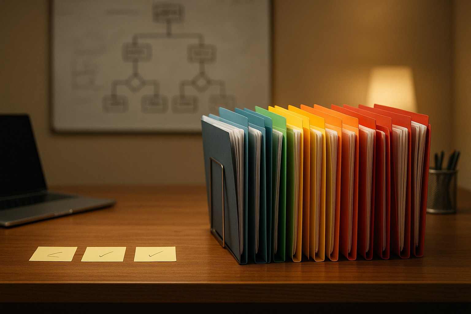 Workspace with multiple sticky notes and color-coded folders for branch data management