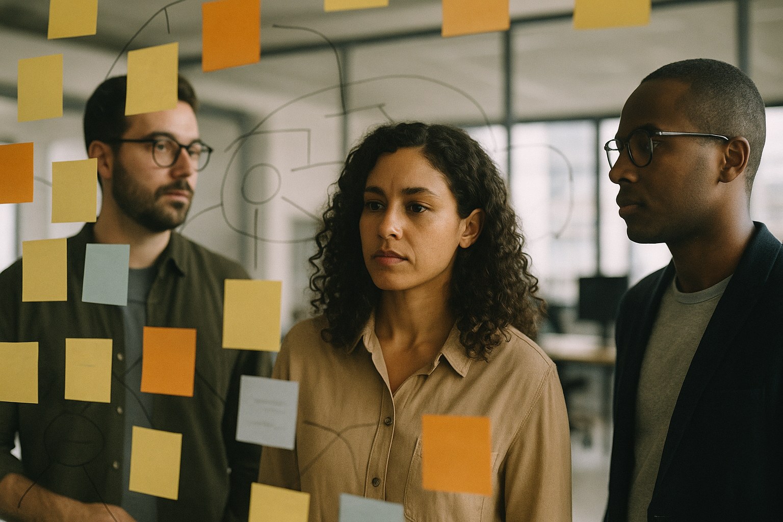 Blurred background of a modern workspace with a glass whiteboard filled with colorful sticky notes and sketches