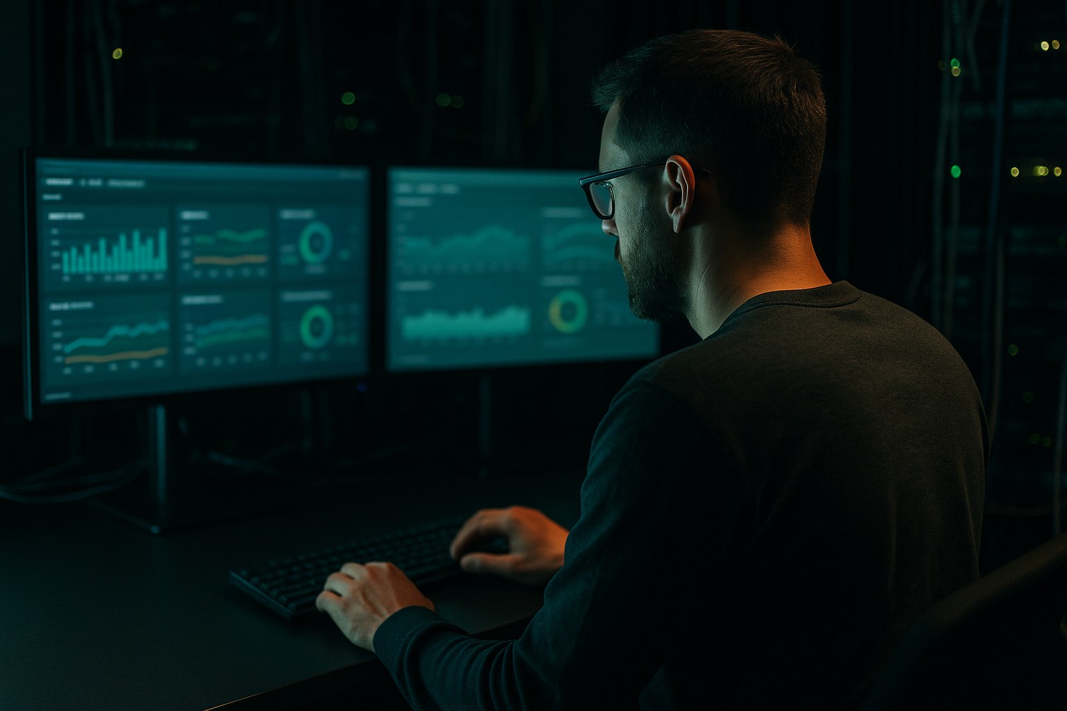 Technical specialist examining multiple large monitors displaying abstract blurred performance graphs in a dimly lit high-tech workspace