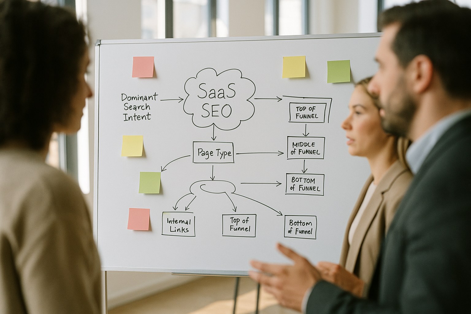 Whiteboard with abstract flowchart diagrams and sticky notes in a modern office