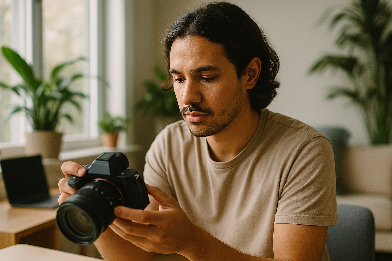 Casual candid of a content creator reviewing video footage on a camera in a bright home studio