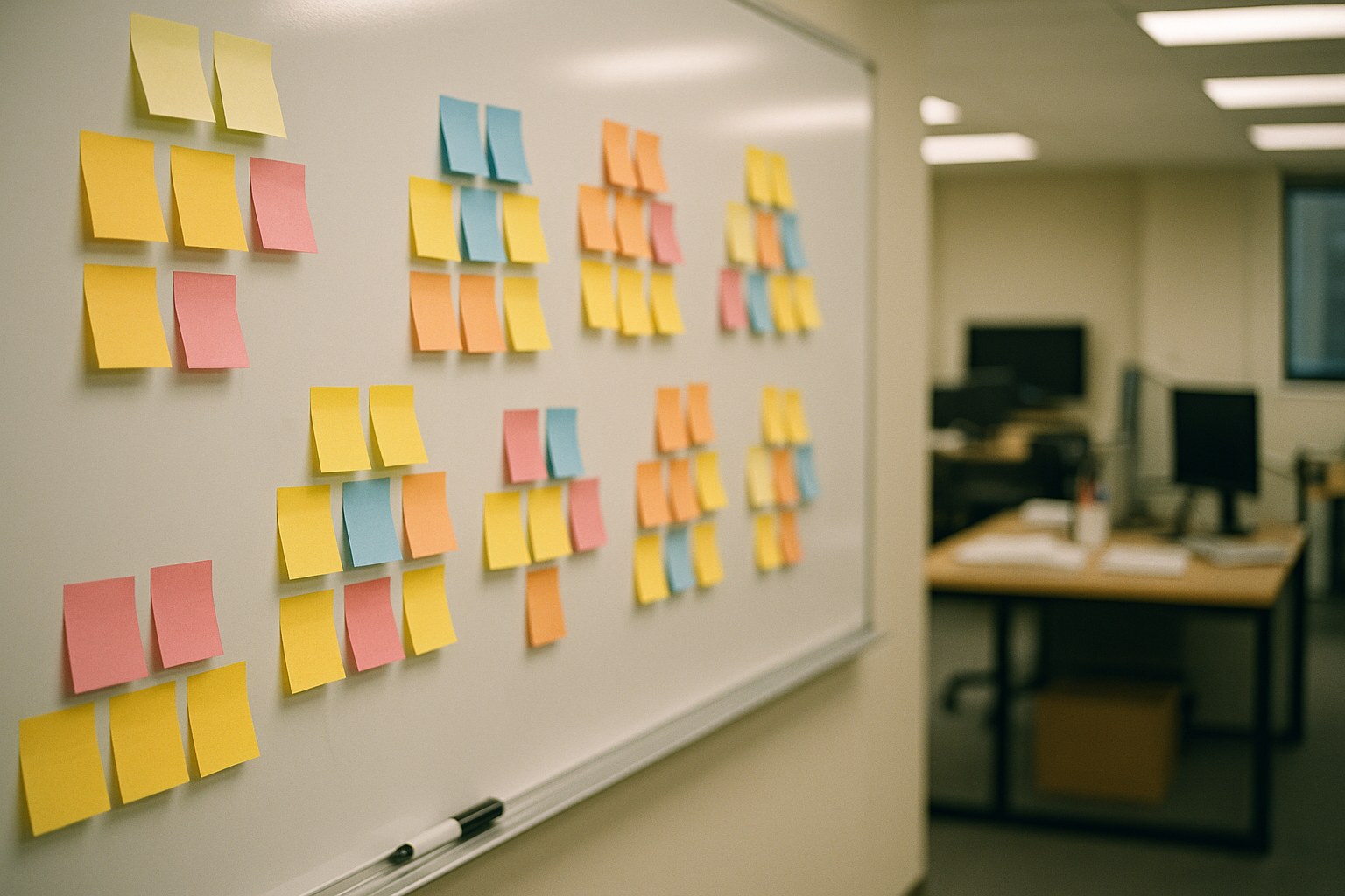 Whiteboard with sticky notes and a marker in a creative workspace