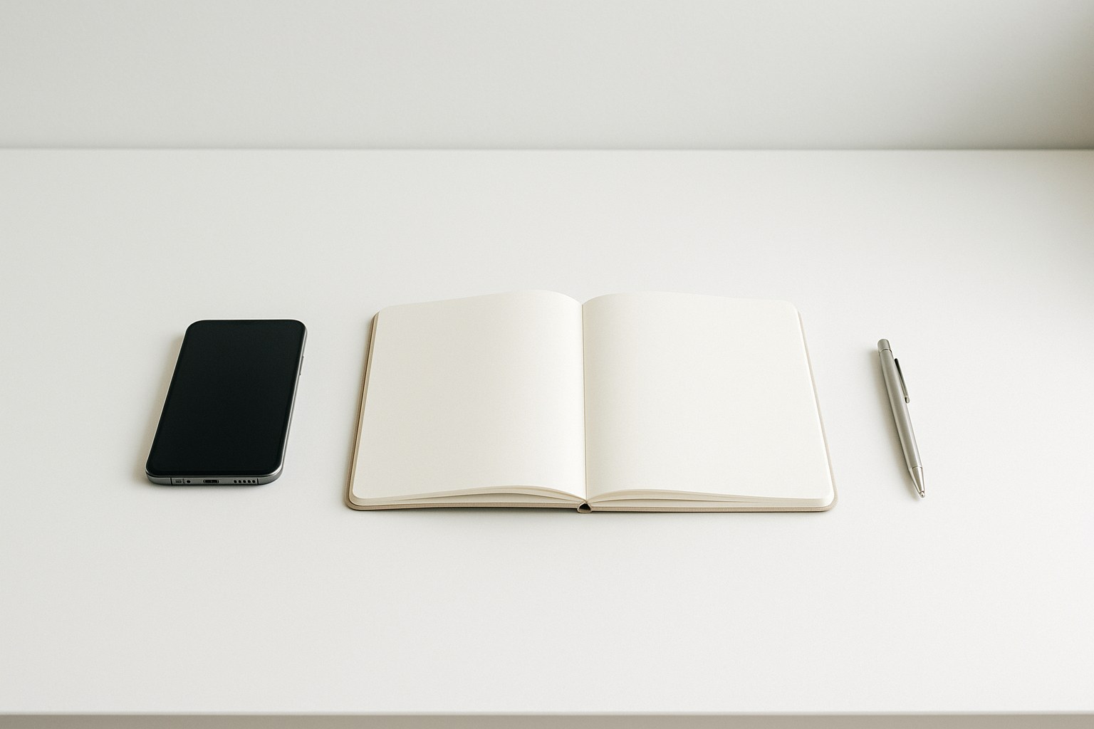 Minimalist workspace with a single smartphone and notebook on a clean white table
