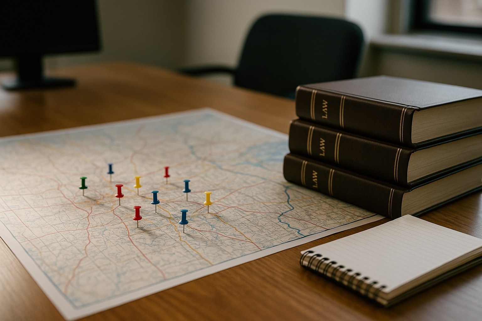 Map with colored pins and a notepad on a conference table surrounded by law books