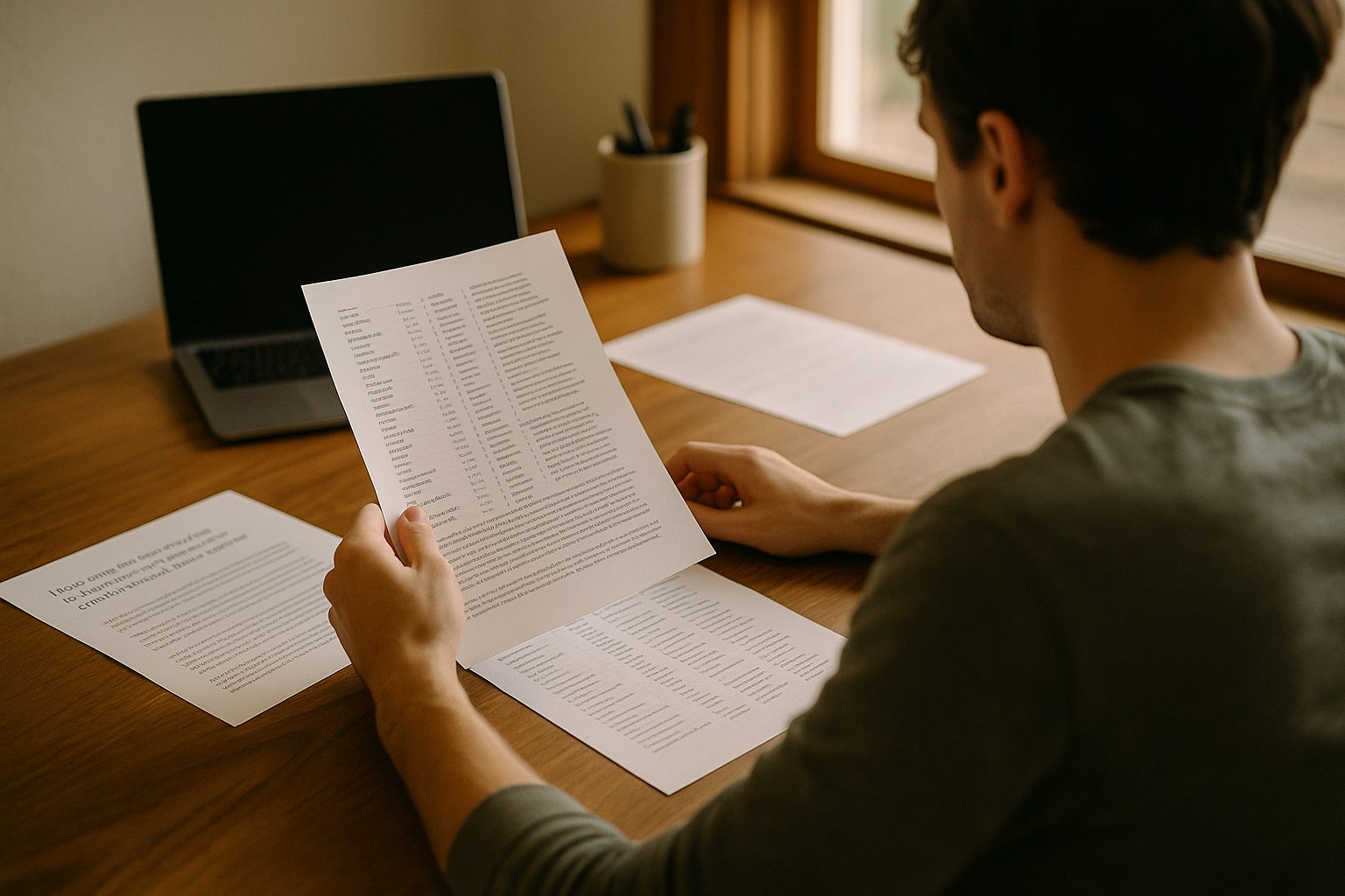 Over-the-shoulder view of a person reviewing printed SEO keyword research sheets in a cozy home workspace