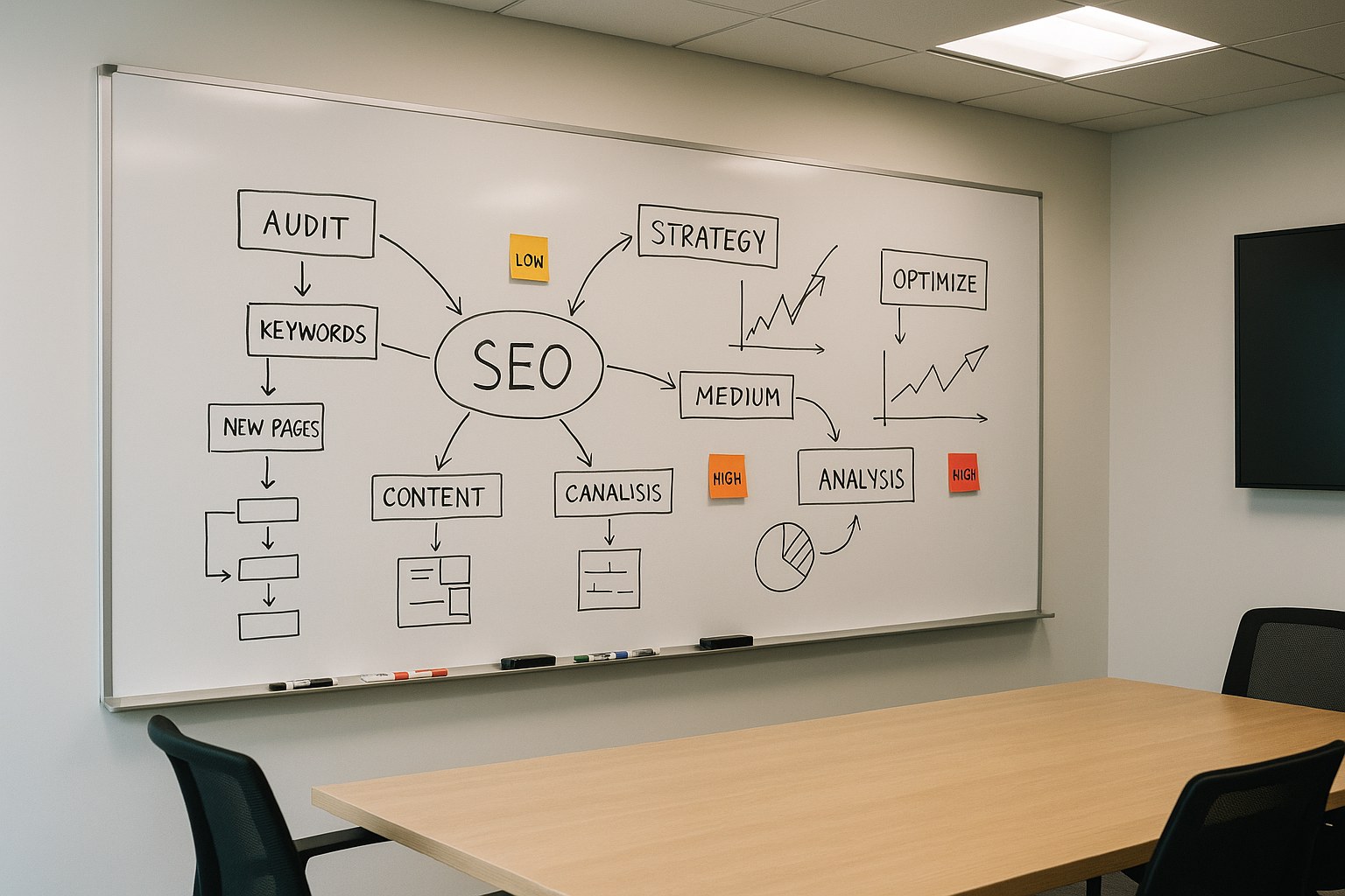 Whiteboard filled with colorful hand-drawn diagrams and prioritized notes in a collaborative workspace