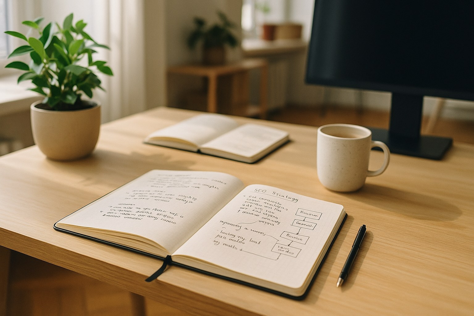 Desk with multiple physical notebooks and a cup of coffee next to a potted plant in a bright creative studio